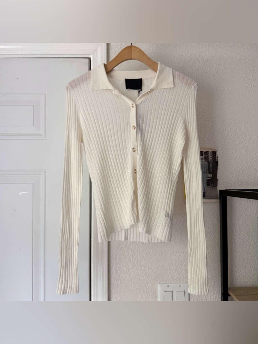 NWT ONA ivory cream silk cashmere linen rib ribbed knit long sleeve top